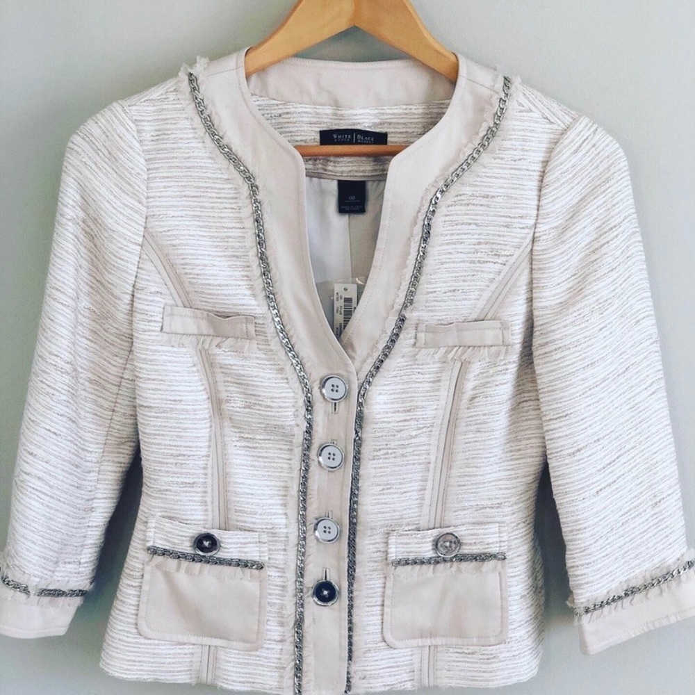 NWT WHBM Cream Tweed Blazer Silver trim & fringe